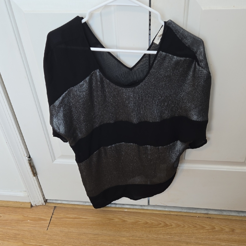 silence + noise Black and Silver Metallic Stripe Short Sleeve Top